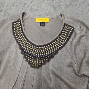 St. John Embellished Knit Top Short Sleeve Gold Metallic Blouse